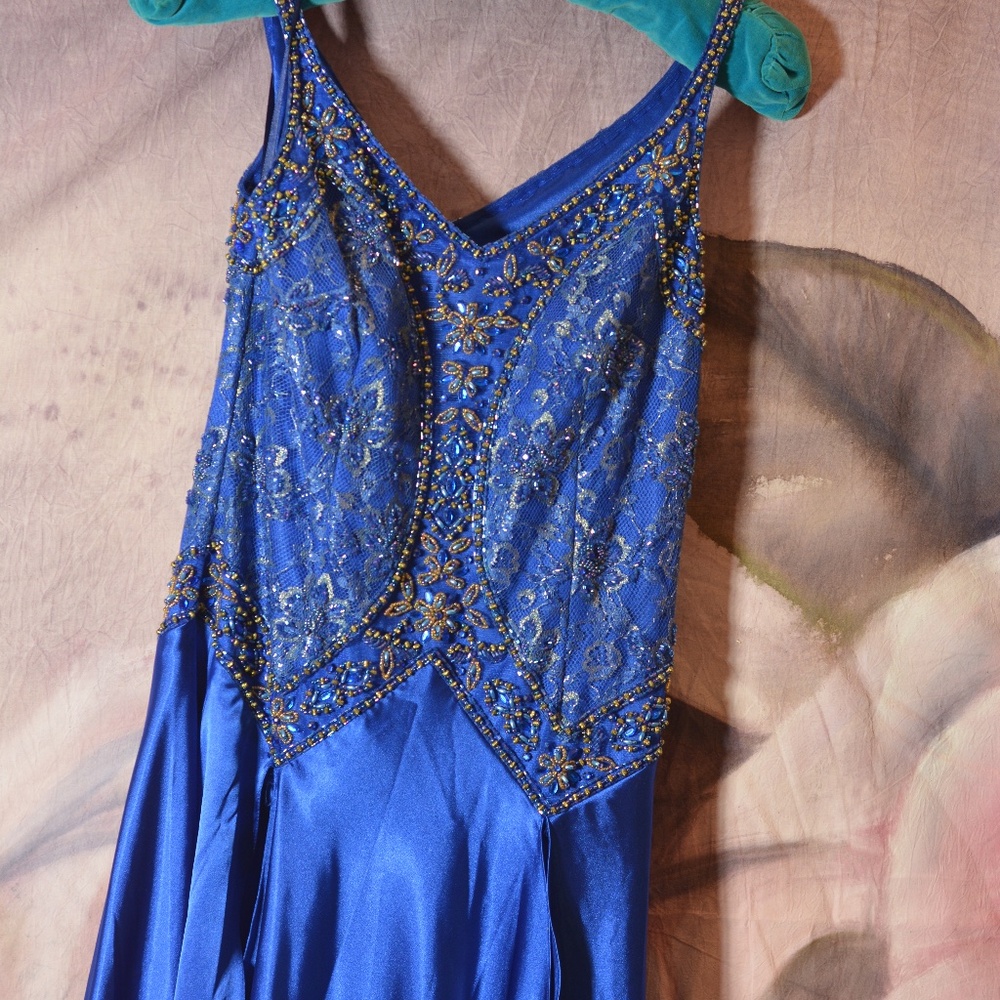 Blue Beaded Satin Dress SZ M